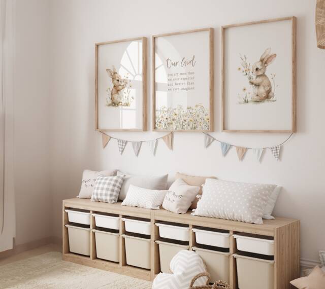Floral Bunny Prints, Set Of 3, Girls Rabbit Rabbits, Nursery, Dusky Pink, Bedroom Nursery Prints - image 1