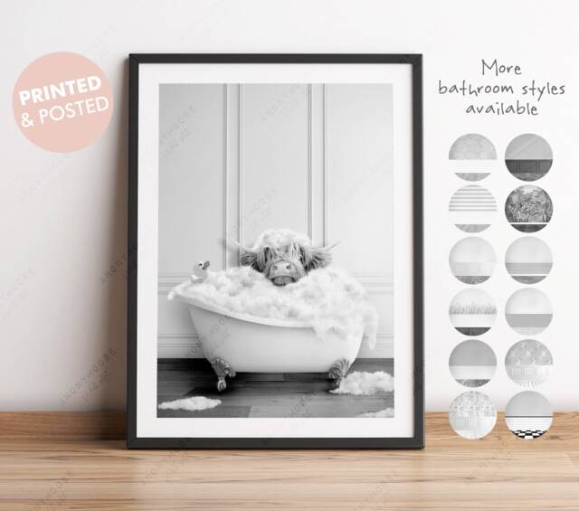 Black & White Highland Cow Calf in A Bath Print, Baby Bathing, Funny Bathroom Animal Bathtub, Tub Print - image 1