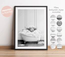 Black & White Highland Cow Calf in A Bath Print, Baby Bathing, Funny Bathroom Animal Bathtub, Tub Print - thumbnail 1