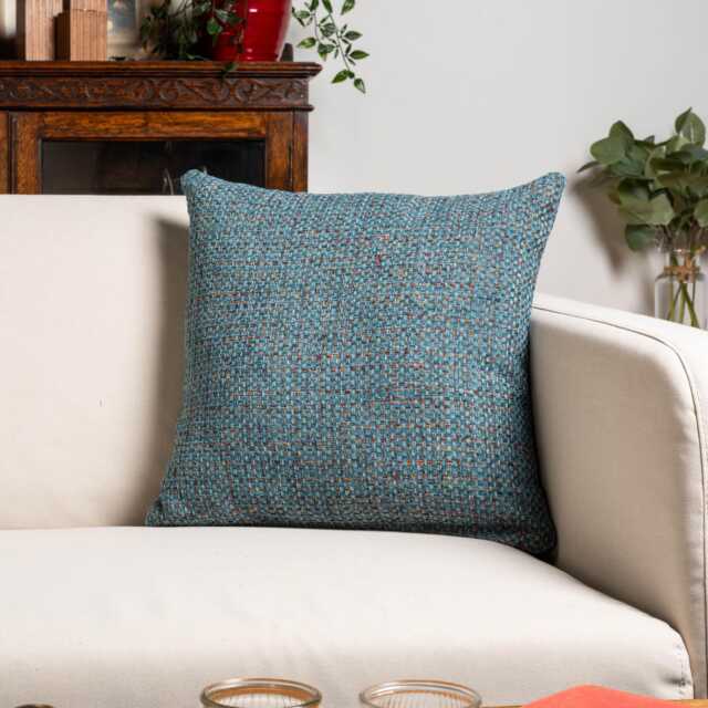 Rustic Basketweave Cushion Cover in Teal Blue. Textured Woven Design With Contrast Threads. 17x17 - image 1