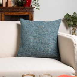 Rustic Basketweave Cushion Cover in Teal Blue. Textured Woven Design With Contrast Threads. 17x17 - thumbnail 1