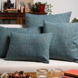 Rustic Basketweave Cushion Cover in Teal Blue. Textured Woven Design With Contrast Threads. 17x17 - thumbnail 3