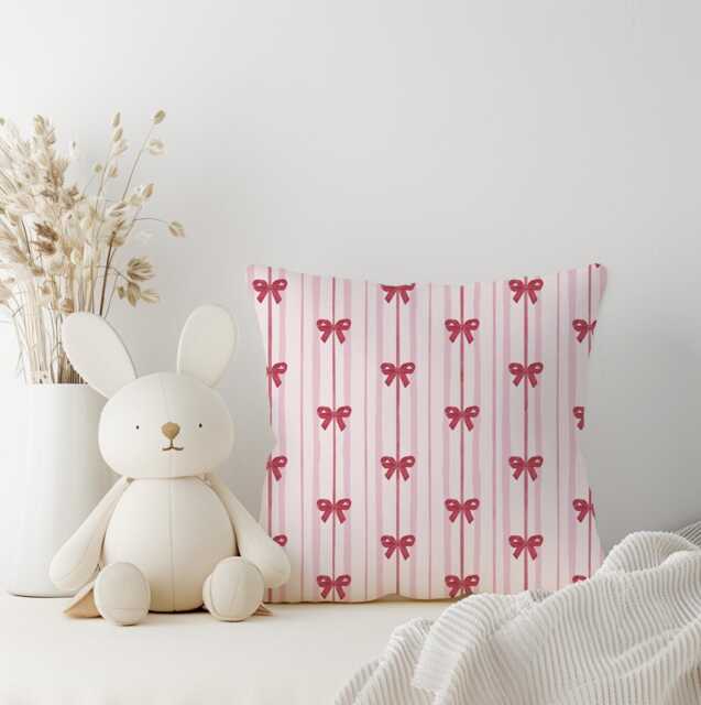 Pink Stripes With Red Bows - Square Pillow, Kids Square Throw Pillow Decor, Children's Room Decor, Cotbed Bedding, & Bedding