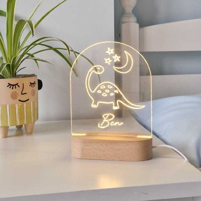 Dinosaur Night Light, Personalised Children Bedroom Led Lamp, Decor For Kids, Custom Sign, Bedtime Unique Nursery Gift - image 1