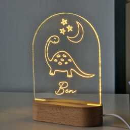 Dinosaur Night Light, Personalised Children Bedroom Led Lamp, Decor For Kids, Custom Sign, Bedtime Unique Nursery Gift - thumbnail 3