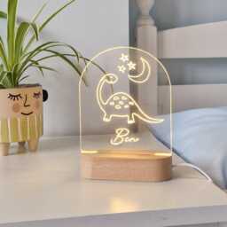Dinosaur Night Light, Personalised Children Bedroom Led Lamp, Decor For Kids, Custom Sign, Bedtime Unique Nursery Gift