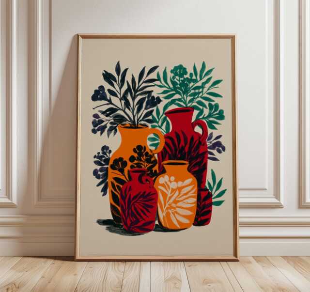 Orange Red Vases Poster, Abstract Botanical Wall Art, Folk Pottery Print, Still Life Decor - image 1