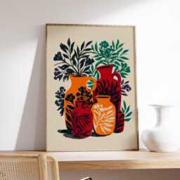 Orange Red Vases Poster, Abstract Botanical Wall Art, Folk Pottery Print, Still Life Decor - thumbnail 2