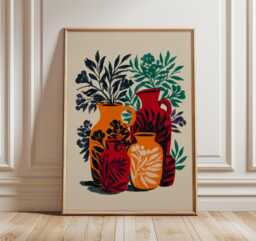 Orange Red Vases Poster, Abstract Botanical Wall Art, Folk Pottery Print, Still Life Decor - thumbnail 1