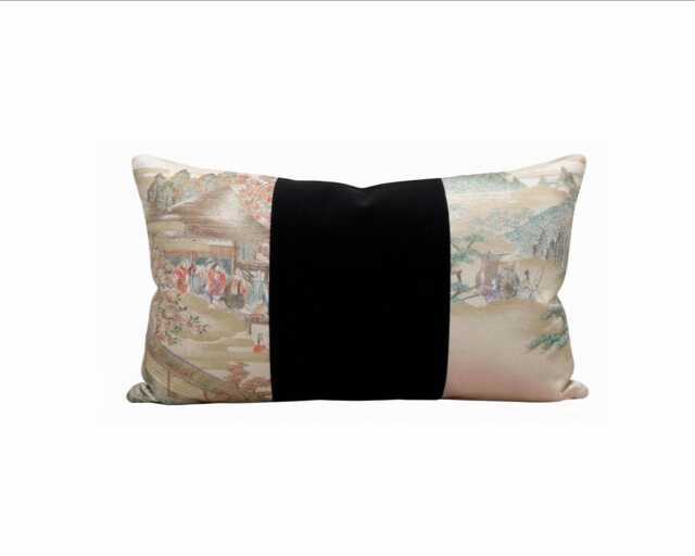 Japanese Silk Lumbar Cushion Pink & Black Asian Decor Pillow Cover 12x20 - image 1