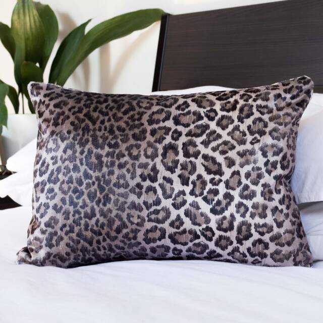 Velvet Leopard Print Boudoir Cushion in Brown. Double Sided 42x30cm Rectangle. Luxury Big Cat Design. Bold Animal Pillow