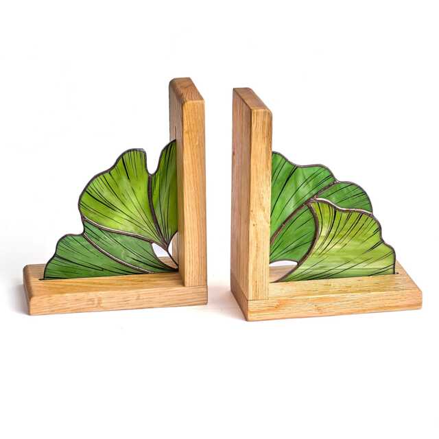 stained Glass Ginkgo Leaf Bookends With Oak Wood Base - Handmade Green D??cor For Shelves, Office, Or Gift - image 1