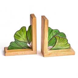 stained Glass Ginkgo Leaf Bookends With Oak Wood Base - Handmade Green D??cor For Shelves, Office, Or Gift - thumbnail 1
