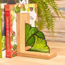 stained Glass Ginkgo Leaf Bookends With Oak Wood Base - Handmade Green D??cor For Shelves, Office, Or Gift - thumbnail 2