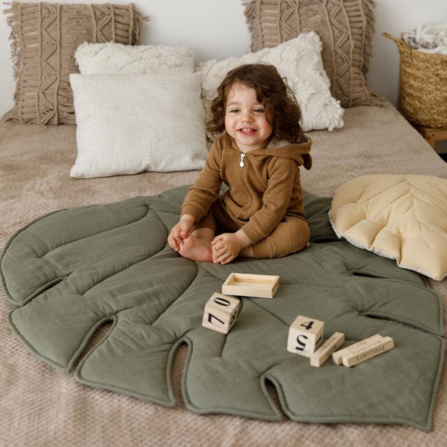 Linen Baby Play Mat Organic Monstera Leaf Rug, Quilted Crawling - image 1