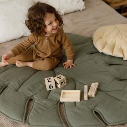 Linen Baby Play Mat Organic Monstera Leaf Rug, Quilted Crawling - thumbnail 2