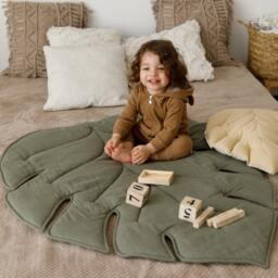 Linen Baby Play Mat Organic Monstera Leaf Rug, Quilted Crawling - thumbnail 1