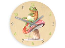 Personalized Wooden Clock - Sweet Frog, With Name, Dates, Numbers, Children Silent - thumbnail 1