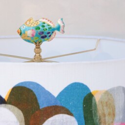 Fish Lamp Finial On Brass Or Chrome Hardware - Spotted Cloisonne Topper in Turquoise Blue Saltwater Decor - thumbnail 3