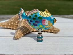 Fish Lamp Finial On Brass Or Chrome Hardware - Spotted Cloisonne Topper in Turquoise Blue Saltwater Decor - thumbnail 1
