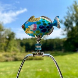 Fish Lamp Finial On Brass Or Chrome Hardware - Spotted Cloisonne Topper in Turquoise Blue Saltwater Decor - thumbnail 2