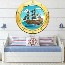 Large Small Animated Pirate Ship Pirates Port Hole Silver Or Gold Porthole Round Gloss Cut Wall Sticker Decal Adhesive - thumbnail 2