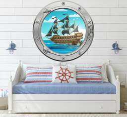 Large Small Animated Pirate Ship Pirates Port Hole Silver Or Gold Porthole Round Gloss Cut Wall Sticker Decal Adhesive