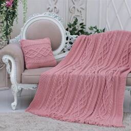 Lovely Cable Knit Blanket+ Knitted Pillow Cover Set, Pink Chunky Blanket, Knitted Baby Blanket - thumbnail 2