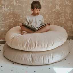 Handmade Cotton Floor Pillow, Round Canvas Cushion, Kids Room Decor - thumbnail 2