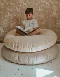Handmade Cotton Floor Pillow, Round Canvas Cushion, Kids Room Decor - thumbnail 1