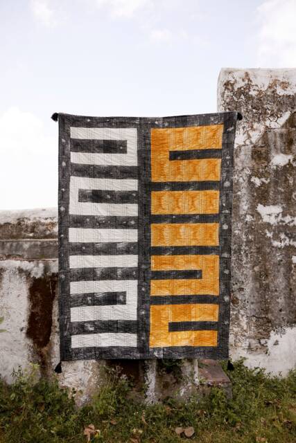 Kantha Throw Blanket - Hand Block Printed Cotton Quilt, Handmade Black & Mustard Modern Bedspread - image 1