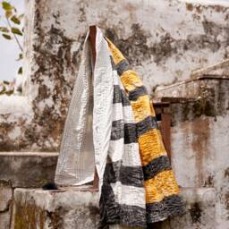 Kantha Throw Blanket - Hand Block Printed Cotton Quilt, Handmade Black & Mustard Modern Bedspread - thumbnail 2