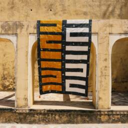 Kantha Throw Blanket - Hand Block Printed Cotton Quilt, Handmade Black & Mustard Modern Bedspread - thumbnail 4