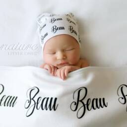 Personalized Baby Blanket, Hat, Name Swaddle Receiving Shower Gift, Birth Announcement Hat - thumbnail 2