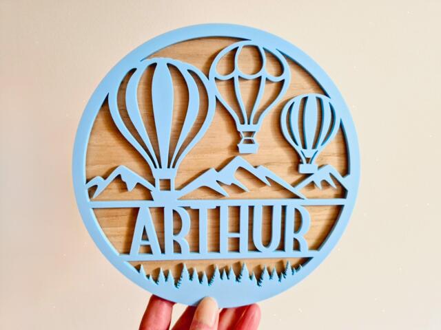 Hot Air Balloon Personalised Name Sign, Kids Wooden Bedroom Door Plaque, Children's Nursery Decor, Outdoor Theme Mountain Adventure Wall Art - image 1