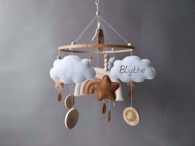 Baby Mobile Neutral Boho Rainbow Earth Tones Nursery Decor Crib Musical With Arm Felt Hanging Cloud Star Boy Girl Gift - image 1