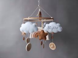 Baby Mobile Neutral Boho Rainbow Earth Tones Nursery Decor Crib Musical With Arm Felt Hanging Cloud Star Boy Girl Gift - thumbnail 1