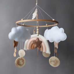 Baby Mobile Neutral Boho Rainbow Earth Tones Nursery Decor Crib Musical With Arm Felt Hanging Cloud Star Boy Girl Gift - thumbnail 2