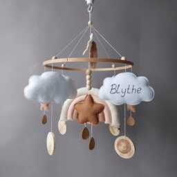 Baby Mobile Neutral Boho Rainbow Earth Tones Nursery Decor Crib Musical With Arm Felt Hanging Cloud Star Boy Girl Gift - thumbnail 3