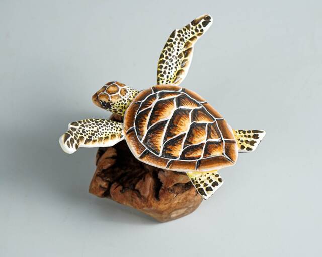 Brown Turtle Sculpture, Sea Turtle, Wood Carving, Ocean, Hand-Painted Figurine, Unique, Office Desk Decor, Handmade Gift For Him - image 1
