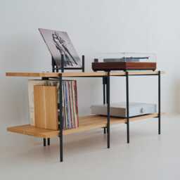 Oak Hinge Record Stand - Media Unit Tv Stand Vinyl Storage [2 Tier] Custom Sizes & Finishes Available - thumbnail 3
