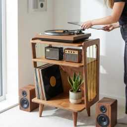 Mid-Century Modern Record Player & Vinyl Storage Cabinet, Turntable Stand, Retro Media Unit - thumbnail 2