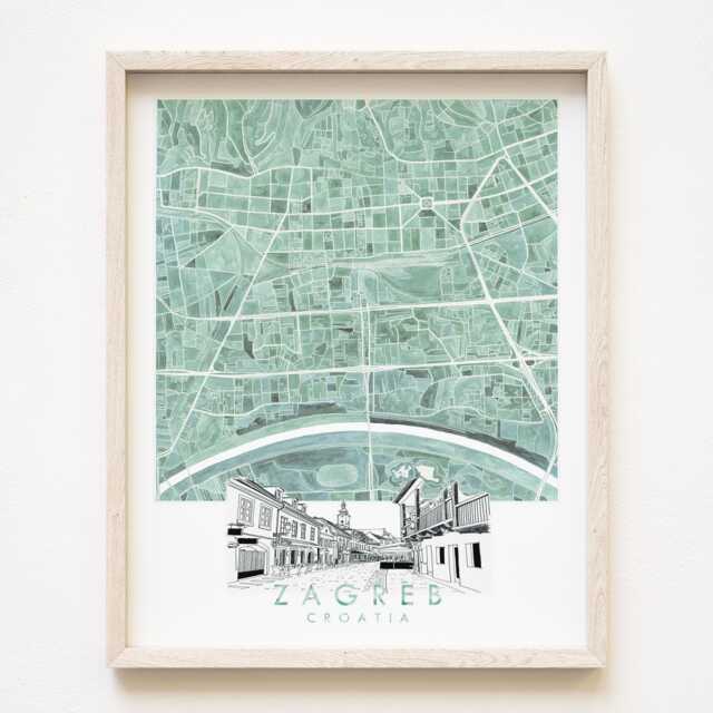 Zagreb Watercolor Map & Architectural Sketch Print Croatia City Block Plan - Art Print Anniversary Wedding Gift European Travel River Sava - image 1