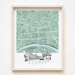 Zagreb Watercolor Map & Architectural Sketch Print Croatia City Block Plan - Art Print Anniversary Wedding Gift European Travel River Sava - thumbnail 1