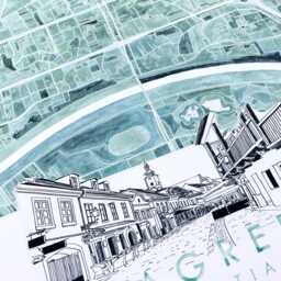 Zagreb Watercolor Map & Architectural Sketch Print Croatia City Block Plan - Art Print Anniversary Wedding Gift European Travel River Sava - thumbnail 3