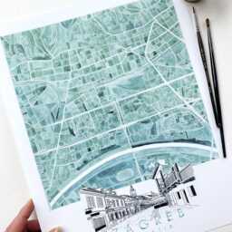 Zagreb Watercolor Map & Architectural Sketch Print Croatia City Block Plan - Art Print Anniversary Wedding Gift European Travel River Sava - thumbnail 2