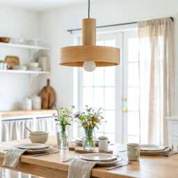 Mid Century Maple Wood Pendant Light, Japandi Dining Chandelier & Kitchen Island Light - thumbnail 2