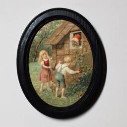 Hansel & Gretel Black Oval Wooden Framed Picture, Gothic Print, Witchy Wall Hanging, Outside The Gingerbread House - thumbnail 1