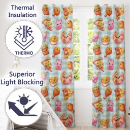Cute Kawaii Fast Food Pattern With Pizza Chicken Soda Blue Check Background Readymade Eyelet Ring Top Thermal 100% Blackout Curtains - thumbnail 3