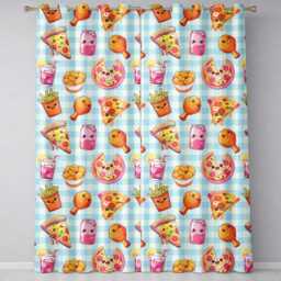 Cute Kawaii Fast Food Pattern With Pizza Chicken Soda Blue Check Background Readymade Eyelet Ring Top Thermal 100% Blackout Curtains - thumbnail 2